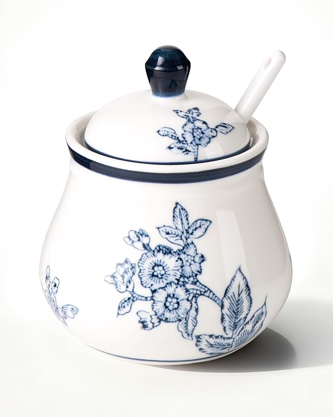 Ceramic Sugar Bowl with Lid and Spoon, 11Oz Sugar Container for Coffee Bar, Blue and White Sugar Jar/Dispenser, Flowers and Branches