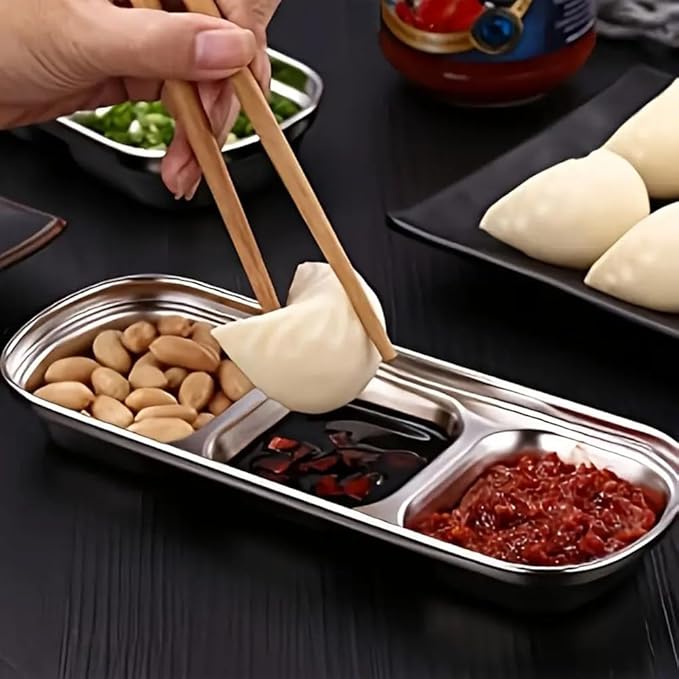 3 Piece Stainless Steel Sauce Tray, Divided Dipping Tray, 3 Compartment Appetizer Serving Tray for Sauce, Ketchup, Dressing, Silver, 8 X 3 Inches (3 Compartments in Gold Color)