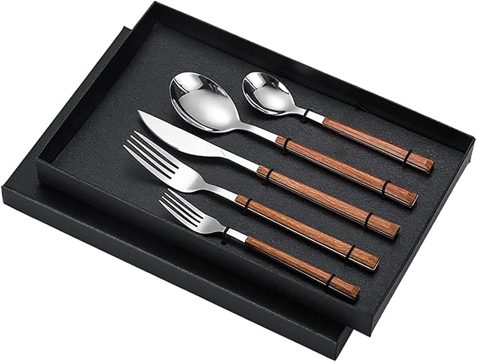 Stainless Steel Dinner Cutlery Set Elegant Flatware Serving Utensils 5 Pieces for Family Gatherings Wedding Picnics, Solid Stainless Steel (Wood Grain Handle)