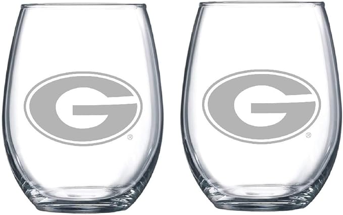 Georgia Bulldogs Satin Frost Stemless Wine Glass Set – Official Clear Glass with White Logo – Heavy-Duty Made in USA Drinkware – Dishwasher Safe – Set of Two, 15 oz