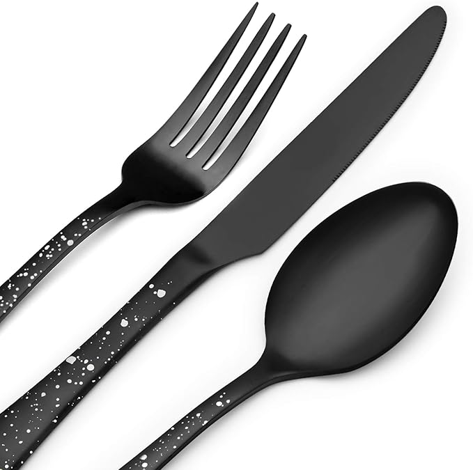 O.C.E. Matte Black Silverware Set, Stainless Steel Flatware Set, 20-Piece Tableware Cutlery Set Service for 4, Satin Finish Tableware Utensils Set, Dishwasher Safe (Starry White)