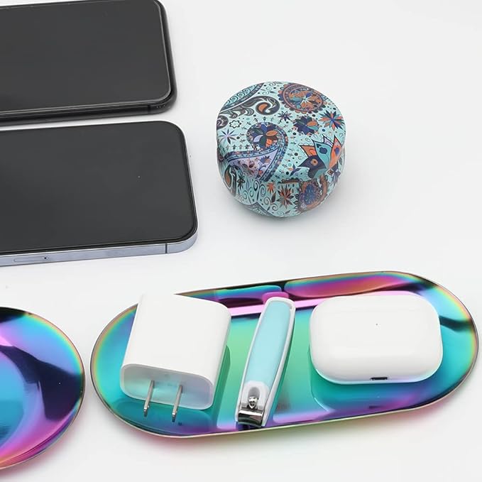 Stainless Steel Decorative Tray, Set of 2, 7 Inch Long, Jewelry Dish Cosmetics Organizer Bathroom Clutter Serving Platter Small Storage Tray, Oval, Holographic