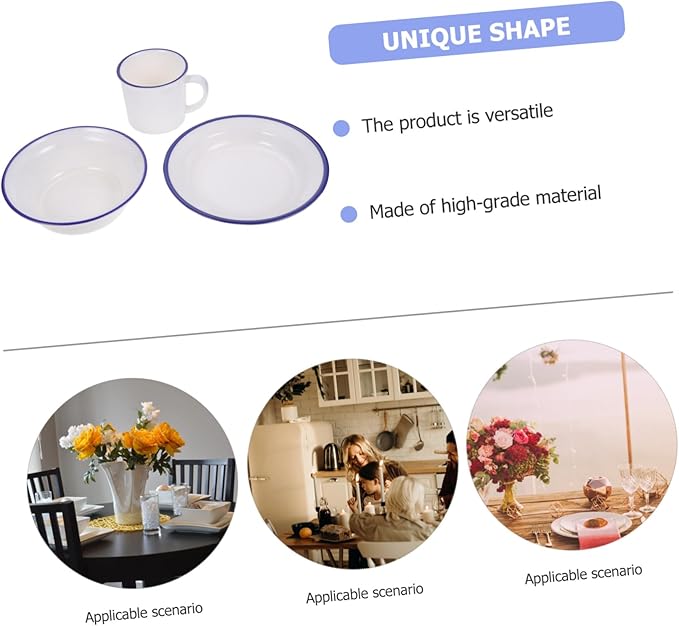 PRETYZOOM Vintage Enamel Dinnerware White Blue Rim Plate Bowl Cup Kit Food Grade Tableware for Home Camping Picnic Restaurant Use with Non Slip Base and Easy Clean Surface