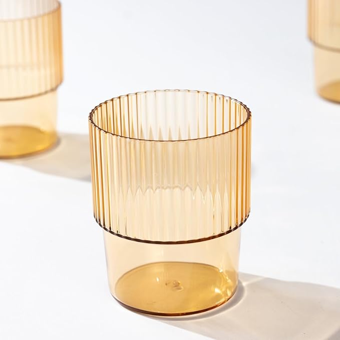 TCF Linen 12 Pack Amber Gold Plastic Tumblers, 7oz Stackable Ribbed Reusable Shatterproof Short Drinking Glasses, Elegant Origami Design for Weddings Parties Catering Cocktails