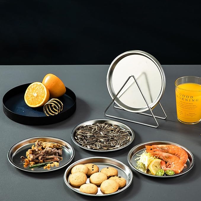 Wakauto Stainless Steel Pastry Serving Tray and Roast Meat Food Plate Set with Storage Rack, Modern Silver, 6pcs Snack Dish Collection for Restaurant and Home Use