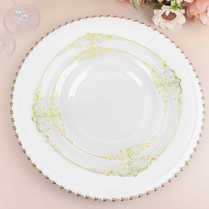 10" Dinner Plates -Set of 30 - Plastic Clear Gold Round Baroque Disposable Chargers Leaf Embossed Rim, Ideal for Dinner Party Wedding Bulk Events