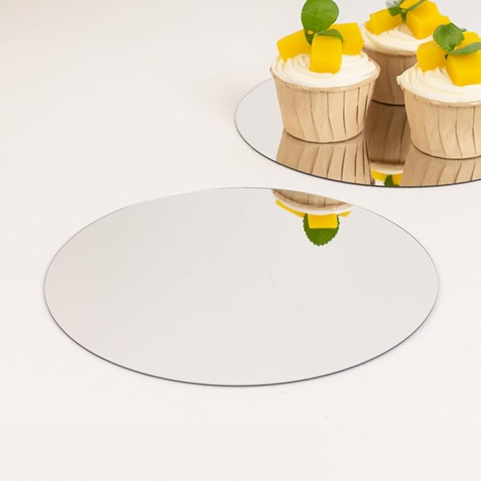 Efavormart 10 Pack Silver Round Acrylic Mirror Tray for Decoration, Circle Candle Plate Centerpiece Bases - 8"