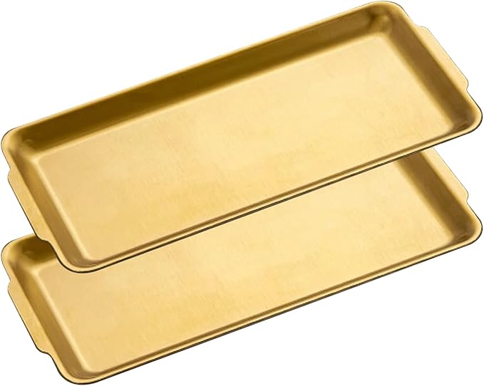 2 Pcs Serving Tray with Handles, Decorative Trays for Coffee Table, Stainless Steel Material, Non Stick Oil, Smooth and Easy to Clean(Gold,24x40CM/9x16IN)