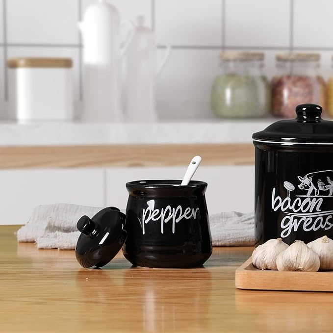 ONTUBE Ceramic Salt and Pepper Bowls with Lid and Spoon 12oz (Black)