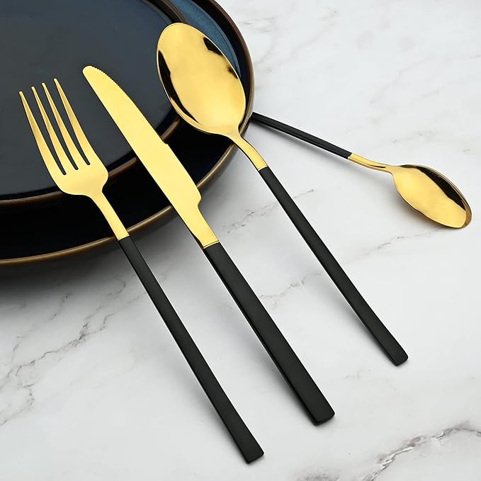 24 Piece Mirror Golden Plated 18/0 Stainless Steel Flatware Set, Black Handle With Golden Mouth Silverware Set With Teaspoon Cutlery Set Service for 6