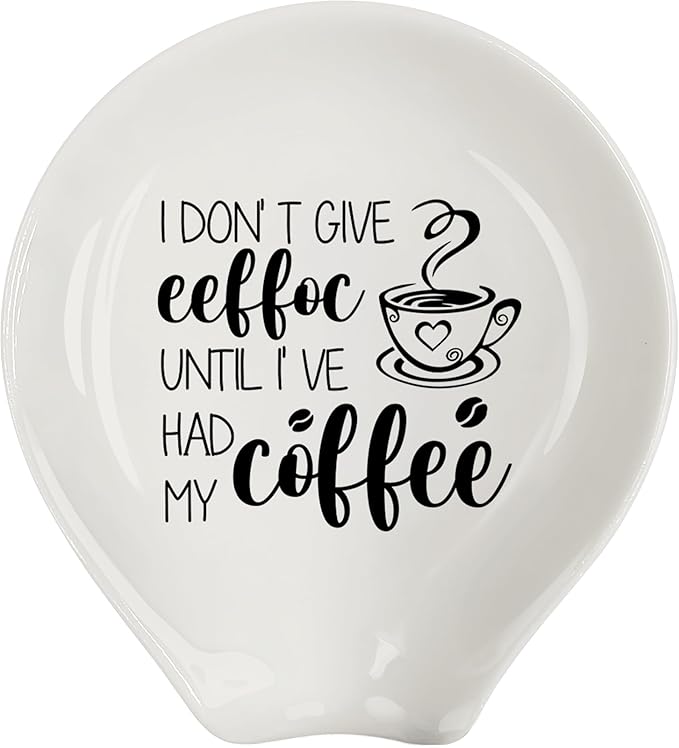 Coffee Spoon Rest, Coffee Bar Accessories & Spoon Holder, I DON'T GIVE EEFFOC UNTIL I 'VE HAD MY COFFEE Ceramic Spoon Holder for Coffee Lovers Gifts for Friend Wife Husband Sister (White-1)