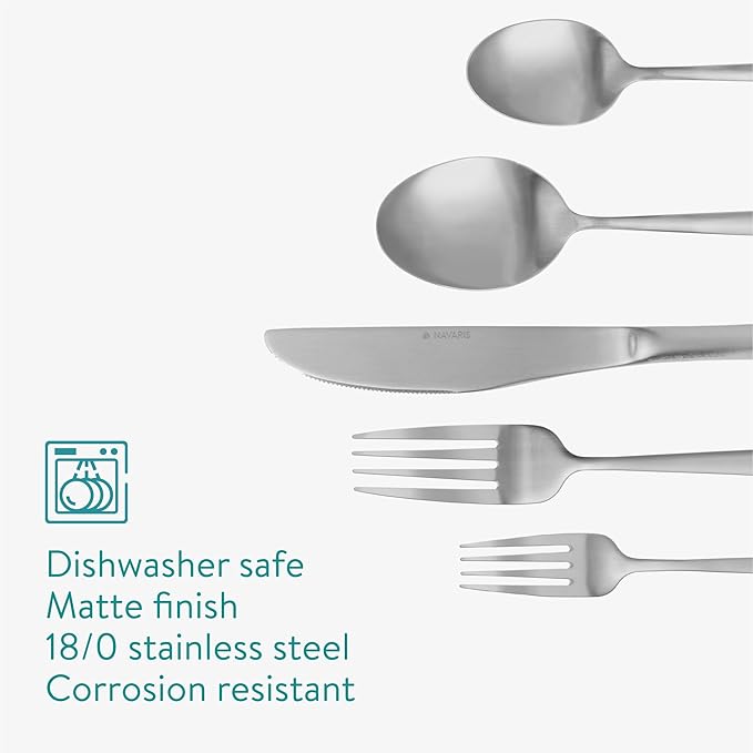 Navaris Silverware Set - 60-Piece 18/0 Stainless Steel Kitchen Cutlery Sets with Satin Silver Finish - Versatile Dinner Knives and Forks and Spoons Dinner Set for 12 People