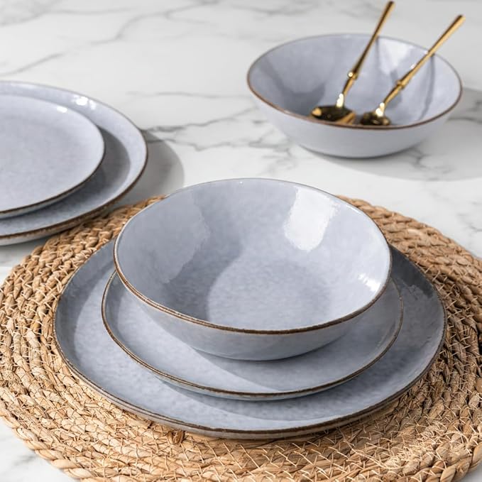 AmorArc Ceramic Dinnerware Sets,Handmade Reactive Glaze Stonewre Plates and Bowls Sets,Highly Chip and Crack Resistant | Dishwasher & Microwave Safe Dishes Set,Service for 4 (12pc)