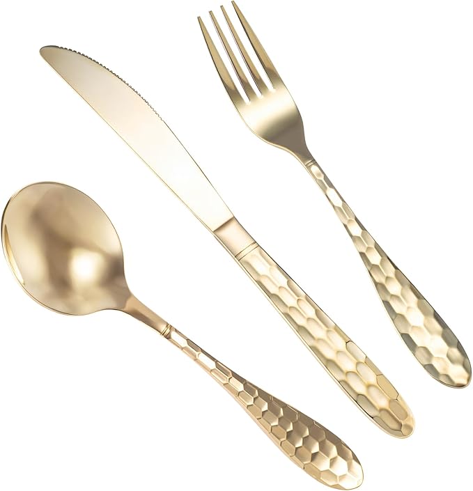 3-Piece Hammered Brass Cutlery Set, 99.99% Pure Copper High-End Kitchen Utensils Cutlery, Suitable for Home and Restaurant Cutlery Sets, Dishwasher Safe (3-piece set)