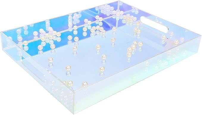 ROYALITA Iridescent Acrylic Tray with Handles, 12X9 Inch Serving Tray Spill Proof, Perfume Decorative Tray for Ottoman Coffee Table Countertop, Wedding Decor, Office Desk