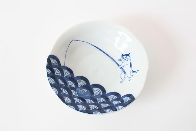 Mino ware Japanese Ceramics Pair Round Plate Japanese Cat (set of two) made in Japan GBS229 (Small Deep, Fishing)