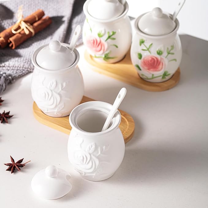 Hand Drawn Relief ceramics Ceramic Sugar Bowl 2 Pack, PorcelainJar with Tray, Spoon and Lid for Sugar, Pepper, Coffee, Spice, Salt, 8 Ounces (White Relief)