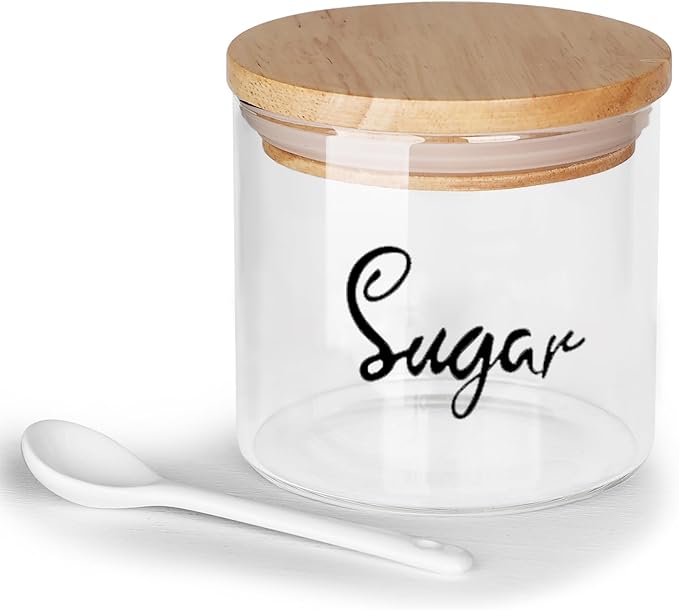 HAOTOP Clear Glass Condiment Pots with Spoon Wooden Lid and Silicone Sealing, Farmhouse Container Jar Dispenser Holder for Home Kitchen,12 oz Labeled Sugar