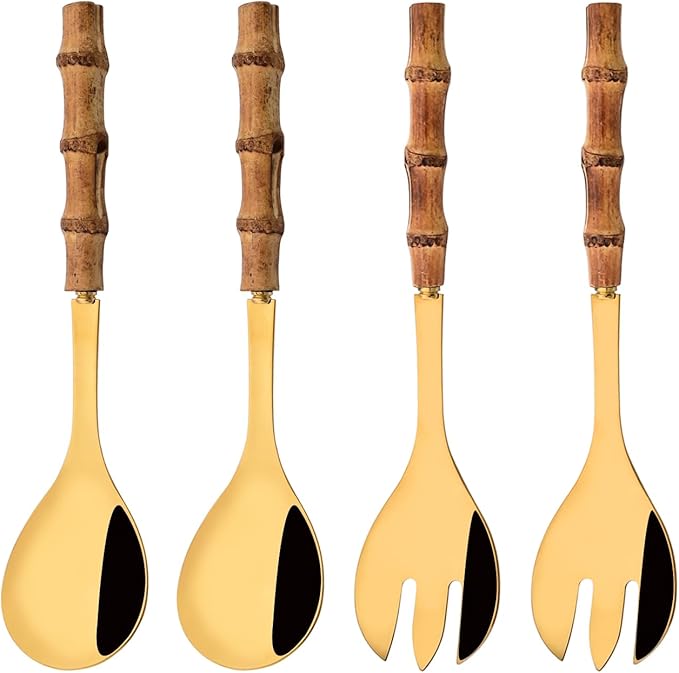 Stainless Steel Flatware Set, Bamboo Handle Silverware Set, Reusable Eating Utensils for Home Kitchen and Restaurant, Modern Gold Cutlery Set, 4 Pieces Serving Utensil