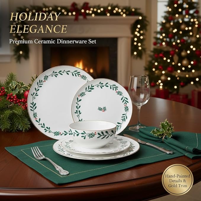 12-Piece Holly Pattern Ceramic Dinnerware Set, Holiday Matte Glaze Plates Bowls, Dishwasher & Microwave Safe, Daily Use & Christmas Tableware, White