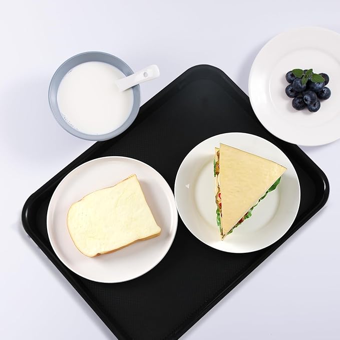 6 Packs Plastic Serving Tray, 17.16" x 13.38" Plastic Fast Food Trays for Eating, Black
