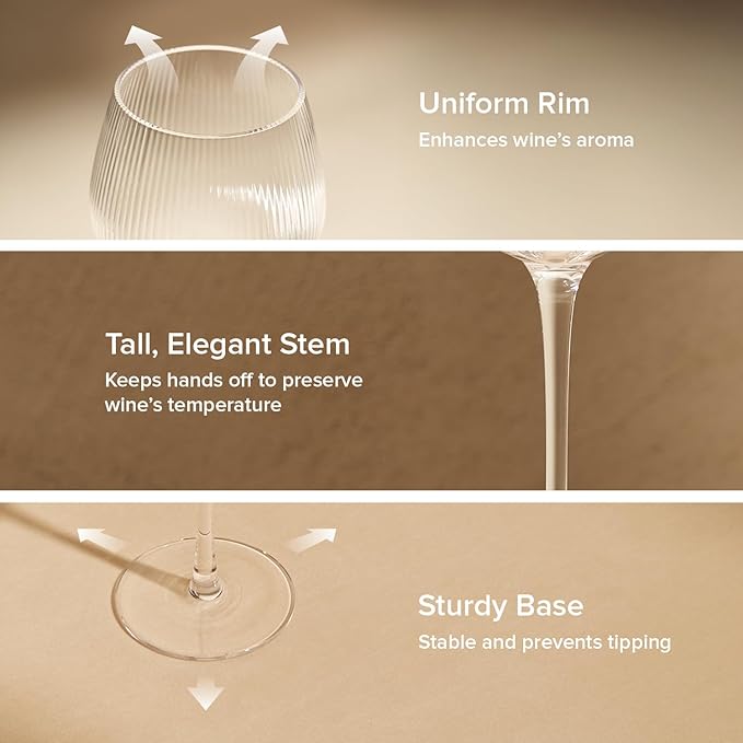 mopio Mellow Fluted Wine Glasses Set of 4, 14 oz, Dishwasher Safe, Elegant Barware for Wedding, Party and Brunch, Classic & Everyday Drinkware in Eco-Friendly Packaging, Soda-Lime Glass (Clear)
