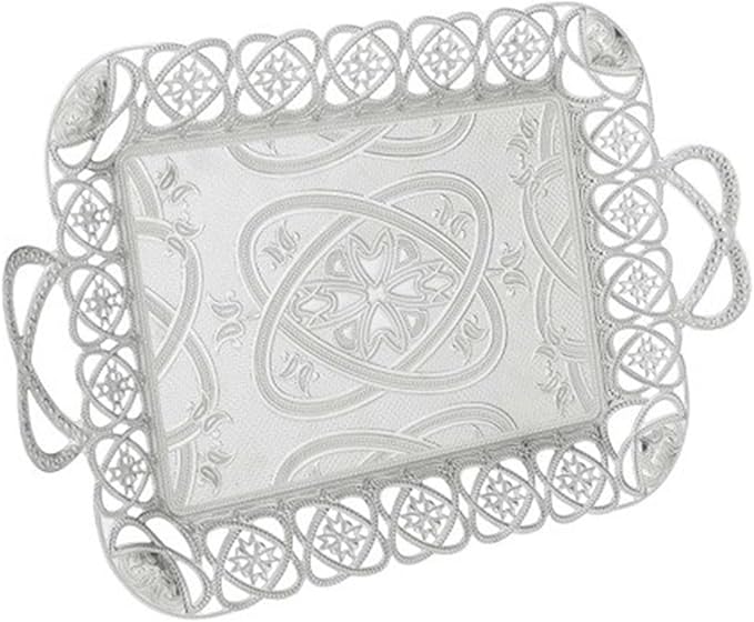 Rectangular Tray with Planet Axis Embossed Design | Eksen Metal Serving Tray | Anti-Tarnish Serving Platter | Bandeja Decorativa | Decorative, Elegant Tray | Décor Piece, 18.1"x11" (Silver)