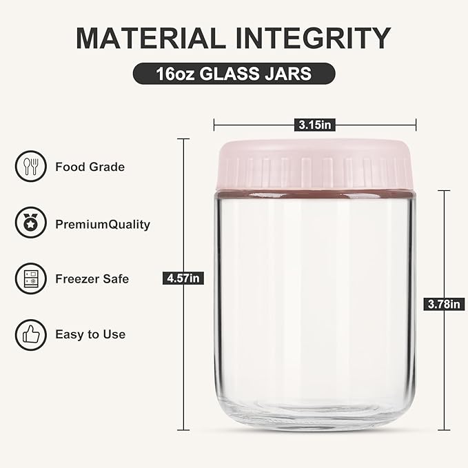 Overnight Oats Containers with Lids, 16oz Glass Jars with Lids 4 pcs, Pink, Wide Mouth Mason jars for Salad, Yogurt, Snacks, Meal Prep