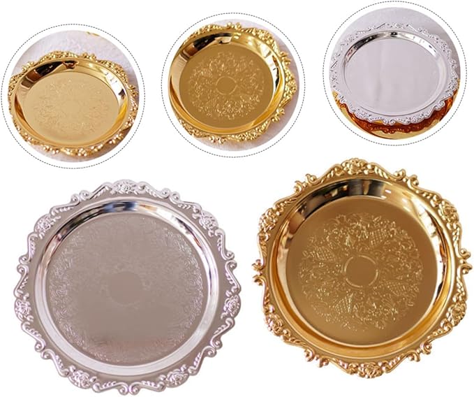 2 Pcs Premium Stainless Steel Food Serving Tray Silver and Gold Multi-Functional Plates for Desserts Fruits Snacks for Weddings Parties Restaurants and Home Use