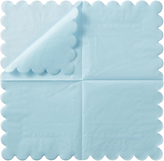200 Pack Cocktail Napkin 2-Ply Scalloped Edged Dessert Napkins Folded 5 x 5 Inches Disposable Napkins for Dinner Wedding Birthday Party Bridal Anniversary Reception Event (Light Blue)