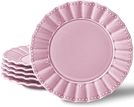 HOMBENE Dessert Plates 8 Inches Set for 6 Ceramic Serving Plates, Wavy Style, Plates for Cake Waffles, Snacks, Pasta, Noodle,Dinner, Microwave & Dishwasher Safe (Dreamy Sakura Pink)