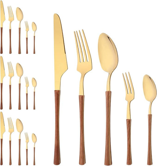 20 Piece Stainless Steel Cutlery Flatware Set, Mirror Polished Silverware Set with Wood Grain Handle, Kitchen Utensil Sets for 4, Tableware With Knife Spoons And Forks Set (Brown Gold)