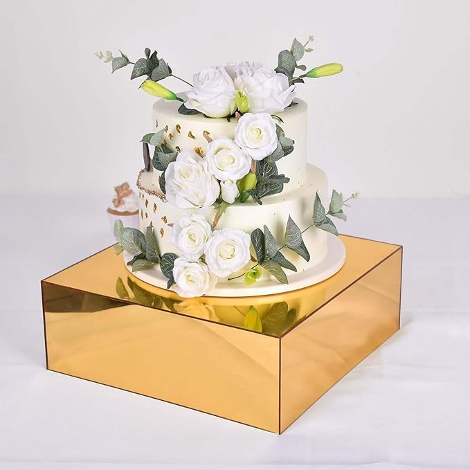 Efavormart 14"x14" | Gold Acrylic Cake Box Stand, Mirror Finish Display Box Pedestal Riser with Hollow Bottom