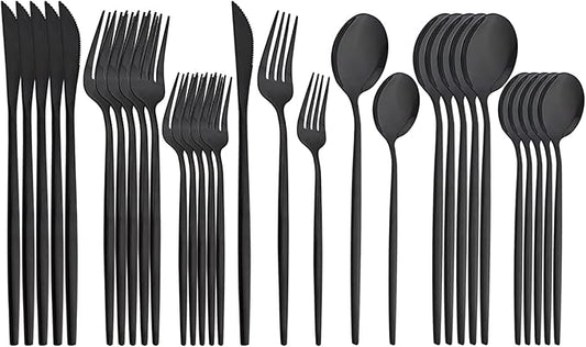 30Pcs Black Simplicity Mirror Finished Cutlery Set, 18/0 Stainless Steel Daily Use Silverware Kitchen Home Restaurant Party Dessert Flatware Set Include Knife/Fork/Spoon, Service For 6