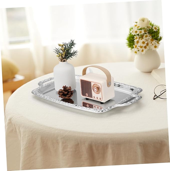 DOITOOL Vintage Silver Serving Tray Metal Decorative Tray for Serving Food Condiments Fruit, Rectangular Tableware for Kitchen Dining Living Room, 15. 35 X 9. 05 Inch