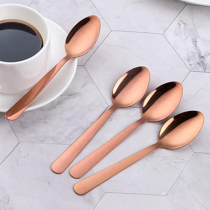 MINGYU Colorful Teaspoons Silverware Set of 12 - Rose Gold 6-in Small Spoons Set, Food Grade Stainless Steel Tea Spoons Shiny Titanium Plating Dessert Spoon Coffee Spoon Dishwasher Safe