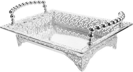 Ciieeo Silver Fruit Tray Handle Tiered Snack Serving Plate Decorative Metal Serving Dish for Bar