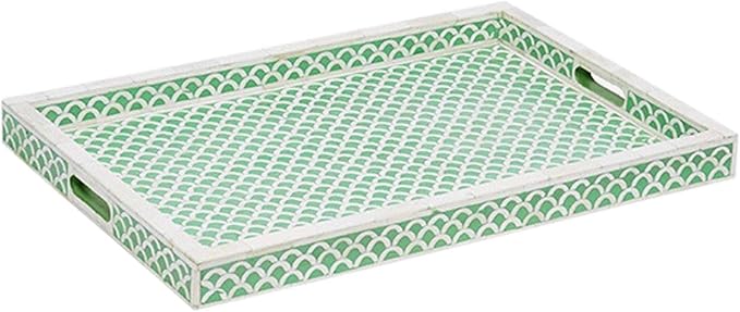 Hansa It's Worth IT Handmade Serving Tray Bone Inlay Decorative Rectangular Geometric Pattern Tray Elegant Fancy and Decorative Serving Platter for Tea, Kitchen, Coffee Table,Dining (Green & White)