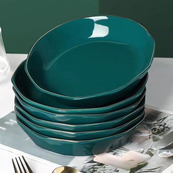 SONGCHAO Party Supplies Nordic Light Luxury Ceramic Plate Dish Plate Home Tableware Set Dark Green Gold Edge Plate Creative Dessert Plate Party Plates (Color : 8inch, Size : 6pcs)