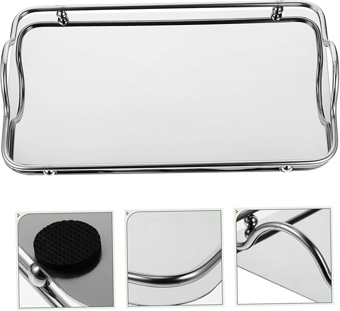 Rectangular Serving Trays Silver Serving Trays Bar Finish Serving Tray with Handles Coffee Steel Platters Tiny Key Decorative Tray Mirrored Drinks Modern Elegant Portable Small