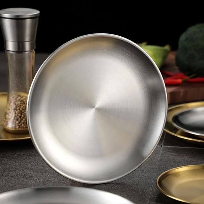 Stainless Steel Food Trays, Round Flat Dish Bread Pastry Baking Pan, Tea and Bar Serving Tray Party Cake Dessert Plate, Silver,S(14x9x1.5cm)