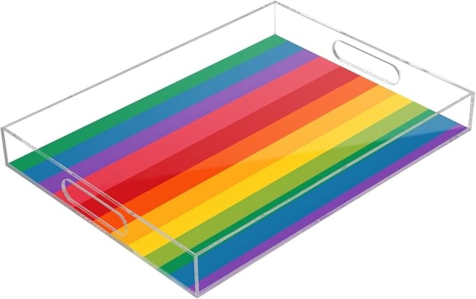 Serving Tray with Handles Clear Acrylic Tray 12x16 Inch Decorative Rectangular Tray Organizer for Ottoman Coffee Table Bathroom Rainbow Color Stripes