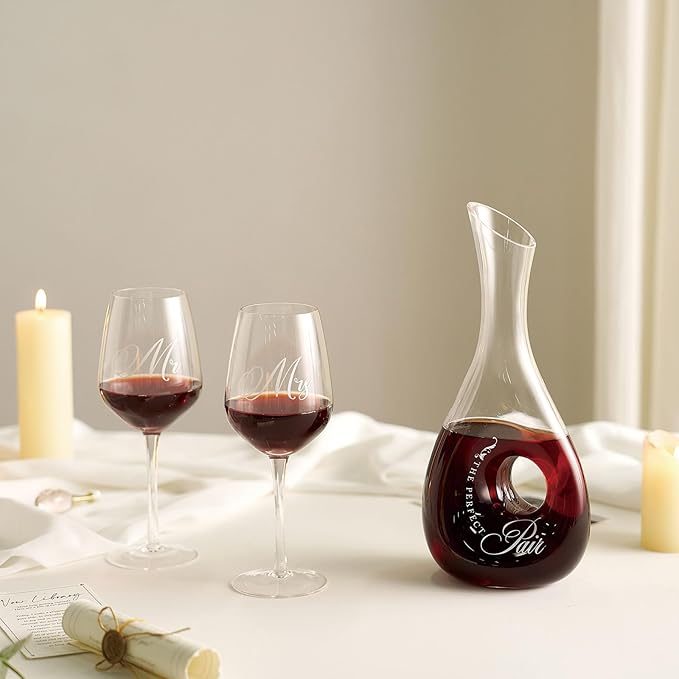 AW BRIDAL Mr and Mrs Wine Glasses for Wedding Bridal Shower Engagement Gifts, Wedding Glasses with Wine Decanter for Couples Newlyweds, Anniversary Bachelorette Party Bride Gifts