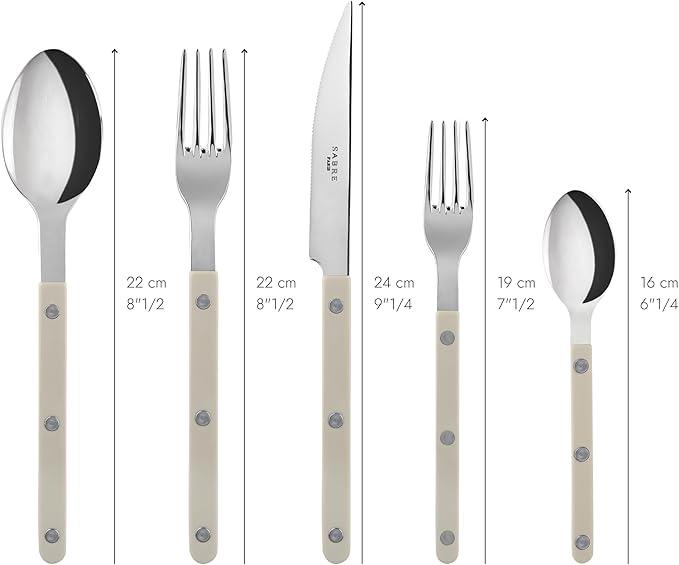 SABRE PARIS - 5-Piece Flatware Set - Bistrot Collection - Knife, Fork, Soup Spoon, Teaspoon & Dessert Fork - Stainless Steel & Nylon - Dishwasher Safe - Light Kaki - Brilliant Finish