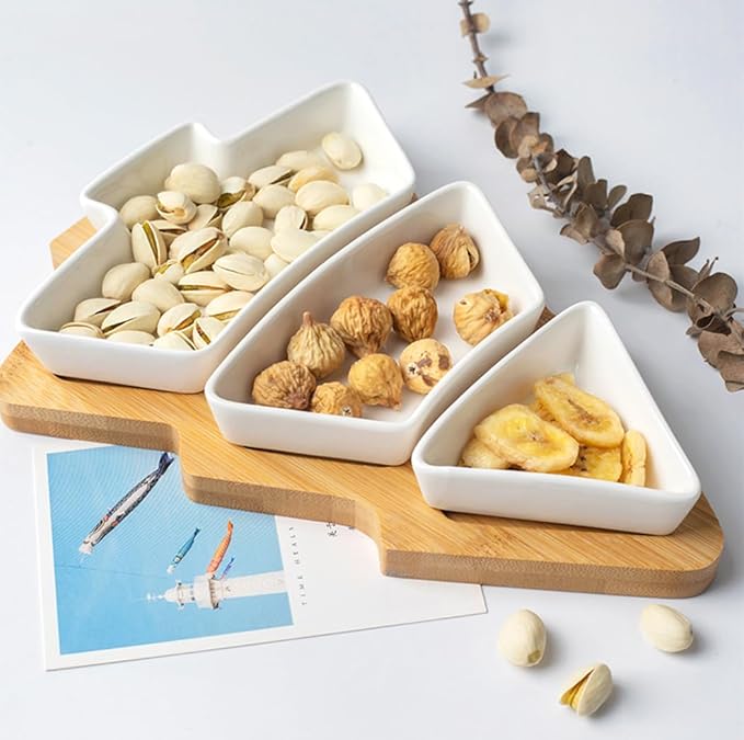 10.8 Inch White Snack Appetizer Trays Set, Small Christmas Tree Dessert Serving Dishes, Snack Platter, 3 pcs Removable White Porcelain Plates with Bamboo Tree Tray