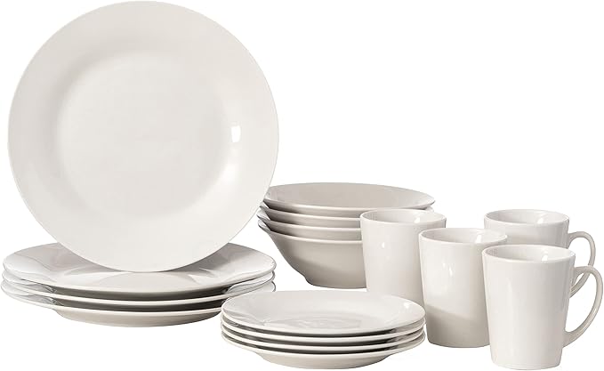 16 PC Rimmed Dinnerware Set for 4 Person | Mugs, Salad and Dinner Plates and Bowls Sets, Dishes with Highly Chip and Crack Resistant, Dishwasher and Microwave Safe, White. QI004500