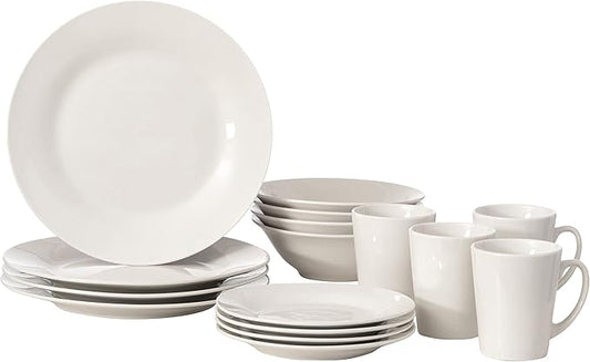 16 PC Rimmed Dinnerware Set for 4 Person | Mugs, Salad and Dinner Plates and Bowls Sets, Dishes with Highly Chip and Crack Resistant, Dishwasher and Microwave Safe, White. QI004500