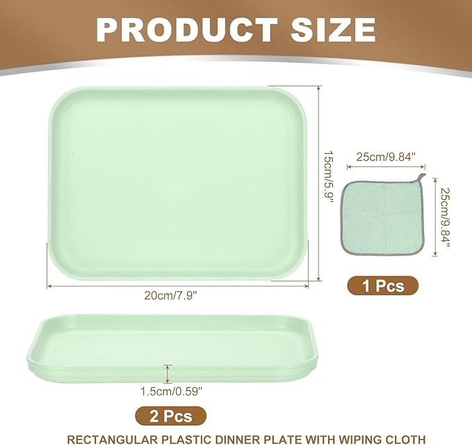 PATIKIL 7.9x5.9 Plastic Tray, 2 Pack Rectangular Plates Small Food Tray Wheat Plates Dishes Reusable Dessert Plate Trays with Cloth for Cake Fruits Salad Cupcake Steak Serving Green