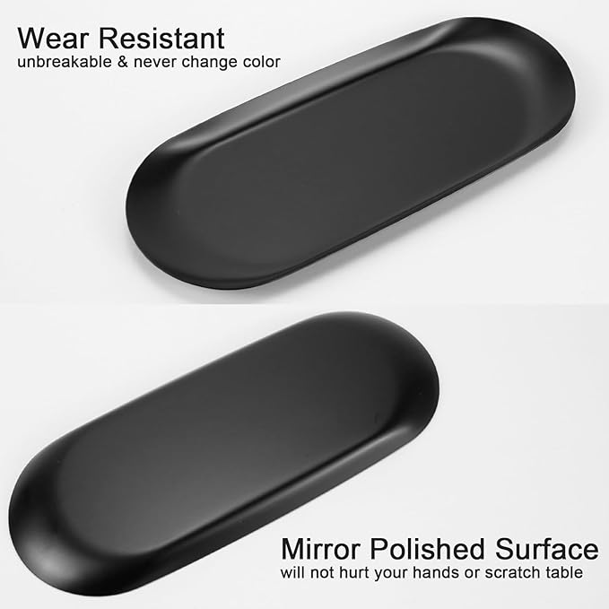 Stainless Steel Decorative Tray Set of 2 Serving Trays Cosmetics Organizer Bathroom Clutter Serving Platter 7/9 Inch Small Storage Tray (Black)