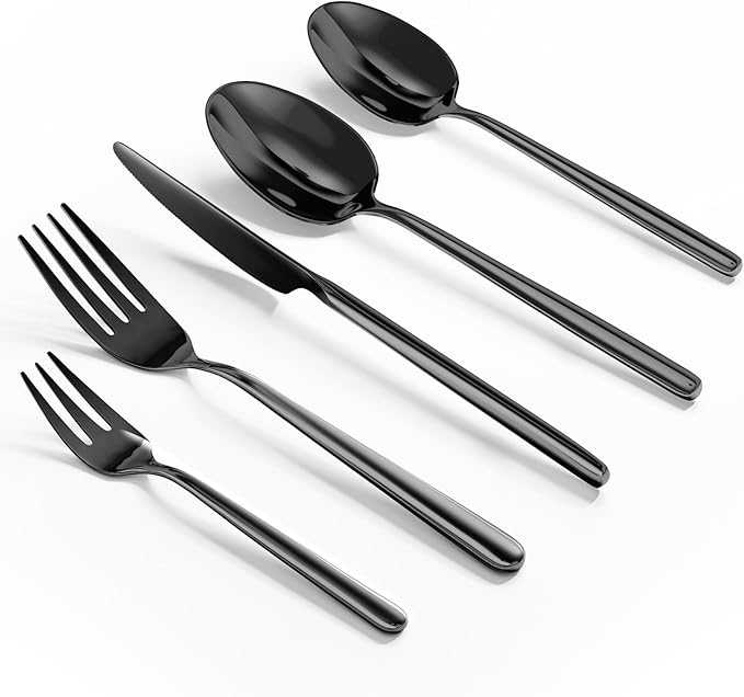 Oval Black 20-Piece Silverware Set, Forged Stainless Steel Flatware Set with European Design, Modern Cutlery Set, Service for 4, Dishwasher Safe